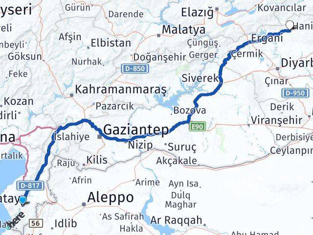 Hatay Hani Diyarbakır Arası Kaç Km - Yol Haritası