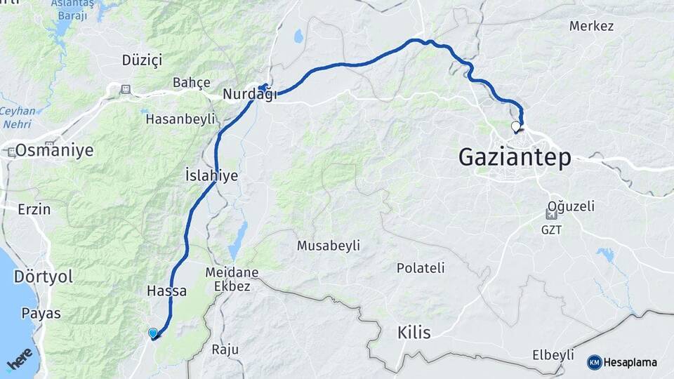 Hatay Hassa Aktepe Gaziantep Arası Kaç Km - Yol Haritası