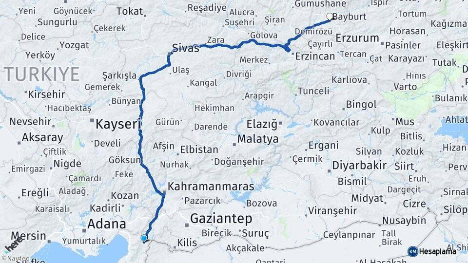 Hatay Hassa Bayburt Arası Kaç Km - Yol Haritası
