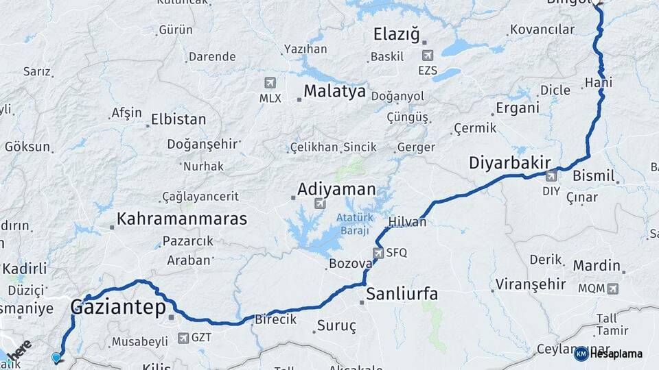Hatay Hassa Bingöl Arası Kaç Km - Yol Haritası