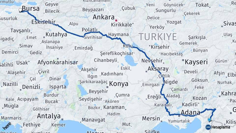 Hatay Hassa Bursa Arası Kaç Km - Yol Haritası