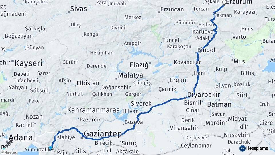 Hatay Hassa Erzurum Arası Kaç Km - Yol Haritası