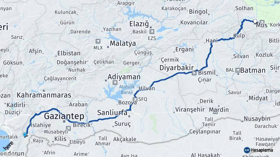 Hatay Hassa Muş Arası Kaç Km - Yol Haritası