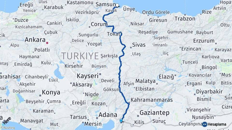 Hatay Hassa Samsun Arası Kaç Km - Yol Haritası