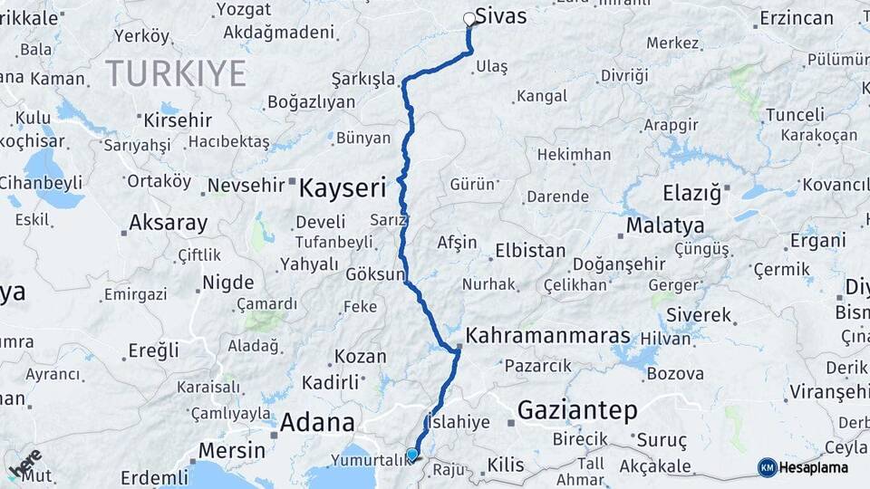 Hatay Hassa Sivas Arası Kaç Km - Yol Haritası