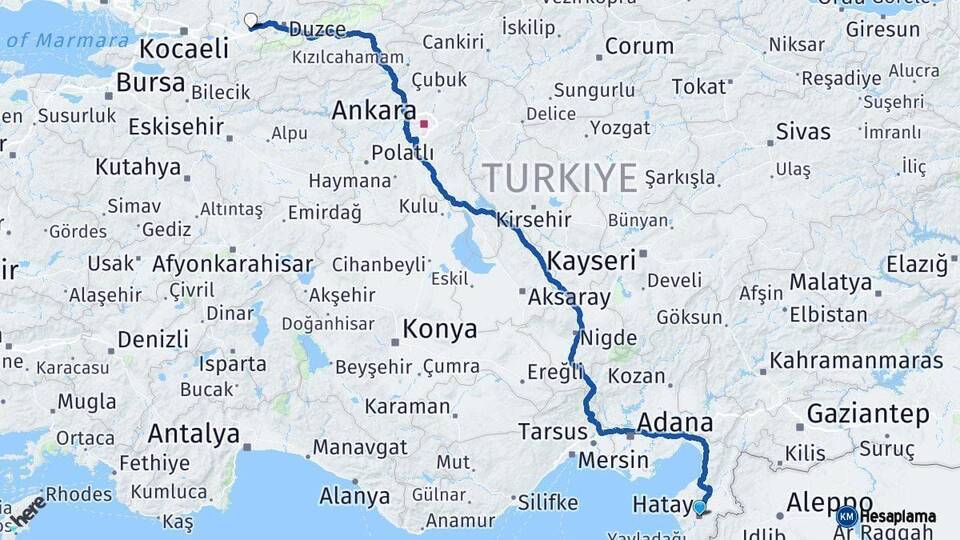 Hatay Hendek Sakarya Arası Kaç Km - Yol Haritası