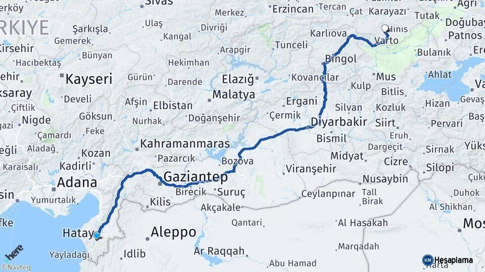 Hatay Hınıs Erzurum Arası Kaç Km - Yol Haritası