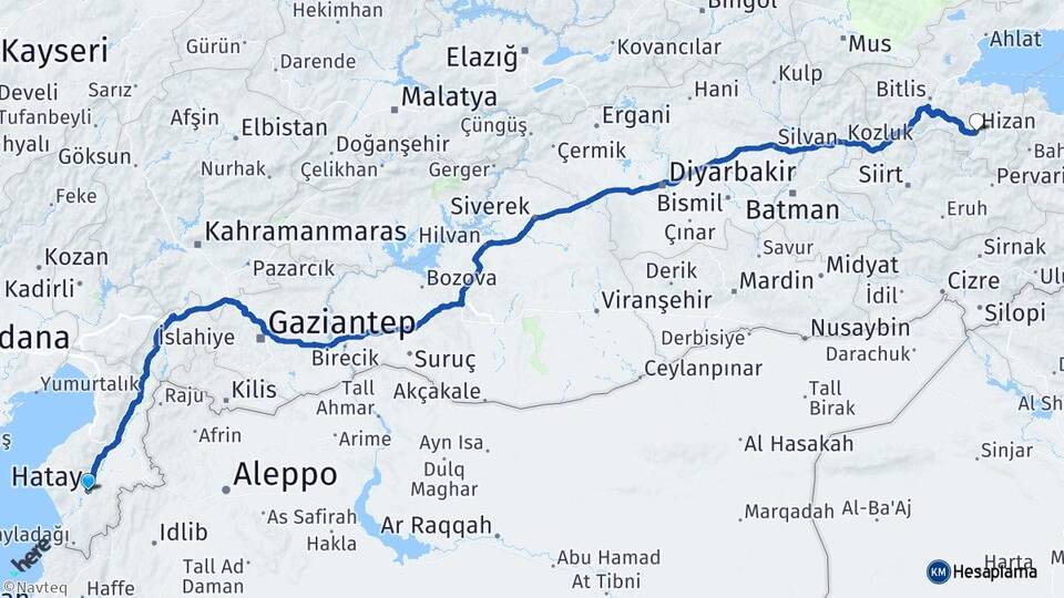 Hatay Hizan Bitlis Arası Kaç Km - Yol Haritası