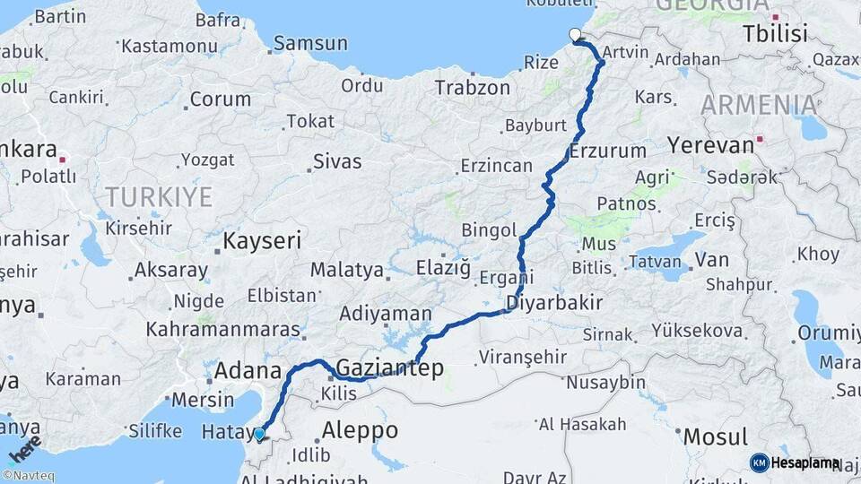 Hatay Hopa Artvin Arası Kaç Km - Yol Haritası