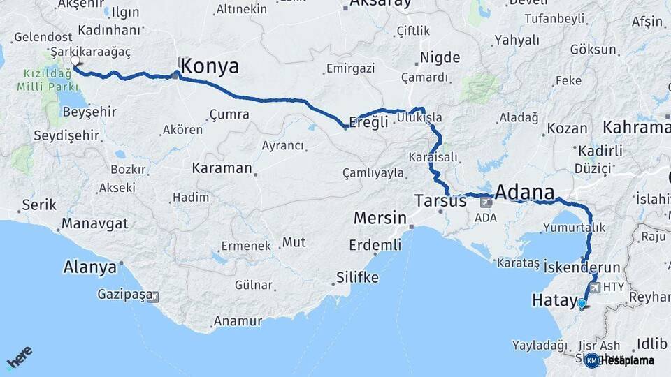 Hatay Hüyük Konya Arası Kaç Km - Yol Haritası