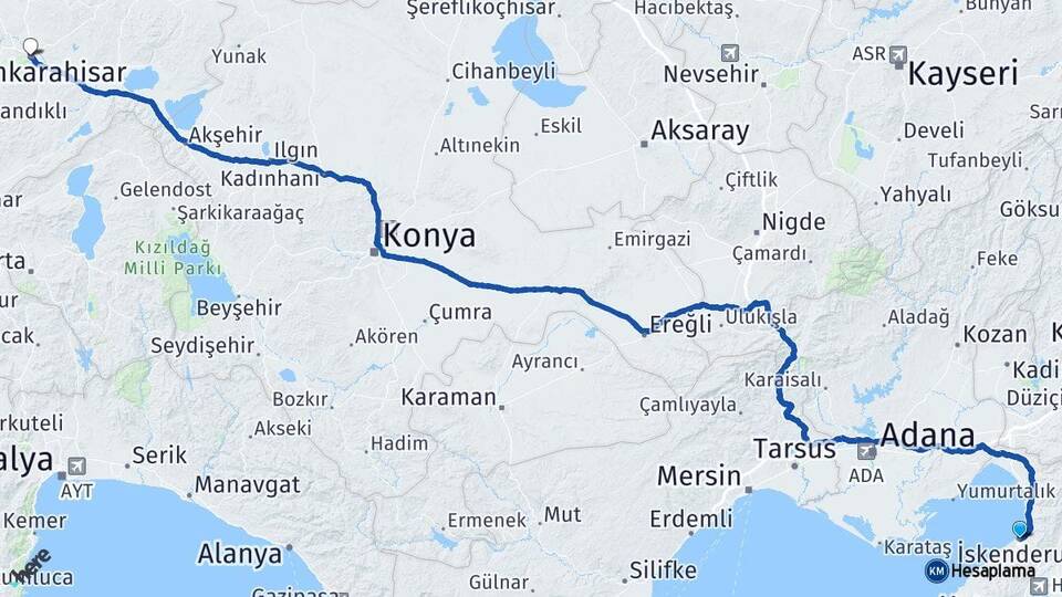 Hatay İskenderun Afyonkarahisar Arası Kaç Km - Yol Haritası
