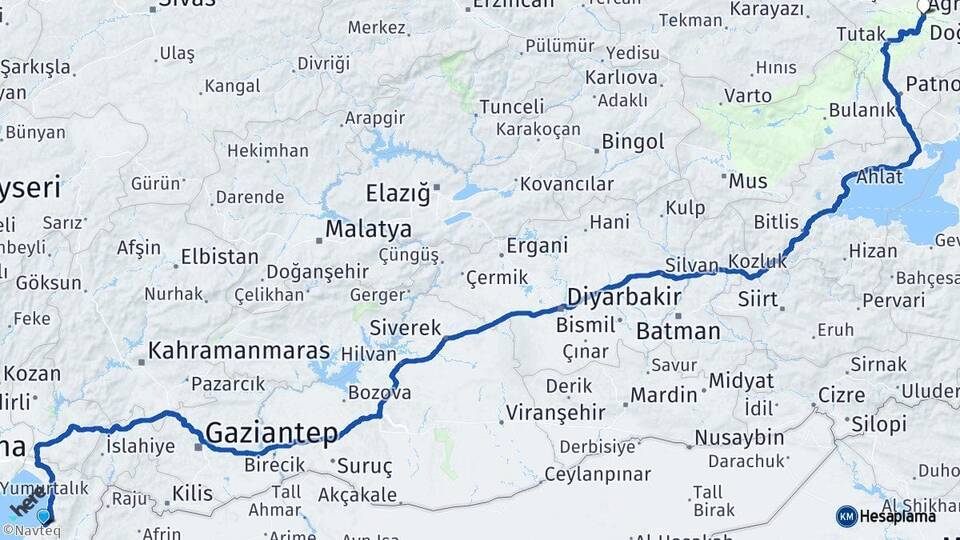 Hatay İskenderun Ağrı Arası Kaç Km - Yol Haritası