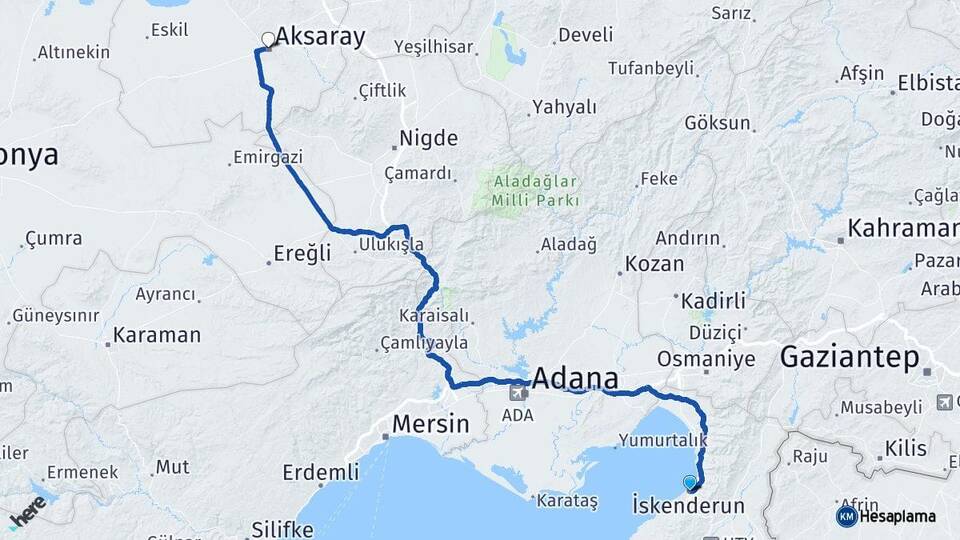 Hatay İskenderun Aksaray Arası Kaç Km - Yol Haritası
