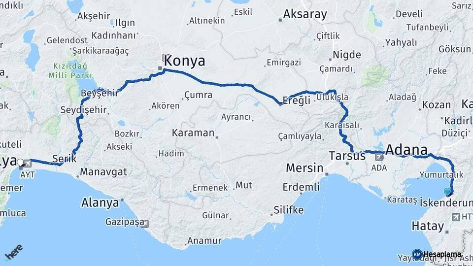 Hatay İskenderun Antalya Arası Kaç Km - Yol Haritası
