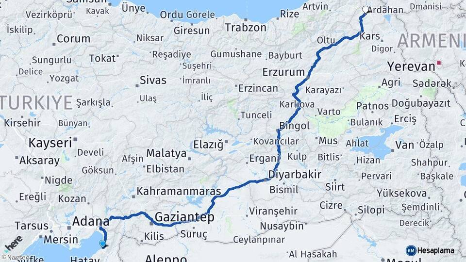 Hatay İskenderun Ardahan Arası Kaç Km - Yol Haritası