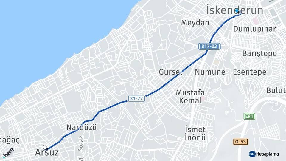Hatay İskenderun Arsuz Arası Kaç Km - Yol Haritası