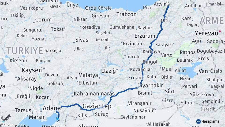 Hatay İskenderun Artvin Arası Kaç Km - Yol Haritası