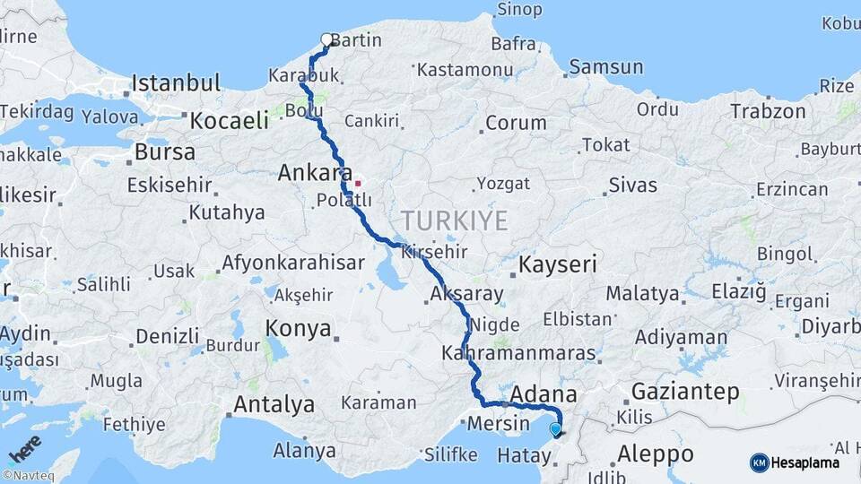 Hatay İskenderun Bartın Arası Kaç Km - Yol Haritası