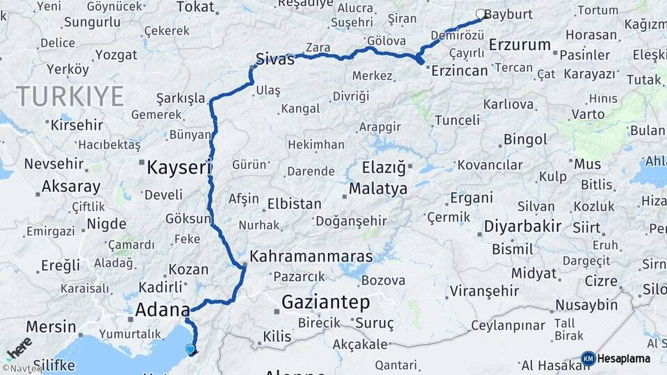 Hatay İskenderun Bayburt Arası Kaç Km - Yol Haritası