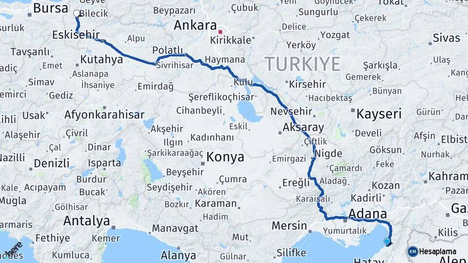 Hatay İskenderun Bilecik Arası Kaç Km - Yol Haritası