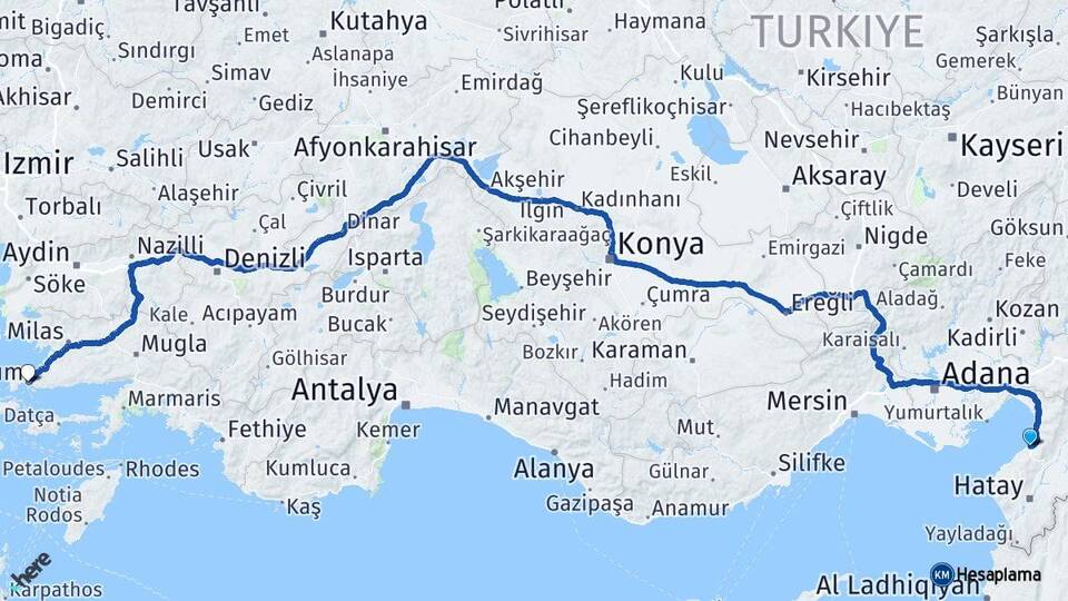 Hatay İskenderun Bodrum Muğla Arası Kaç Km - Yol Haritası