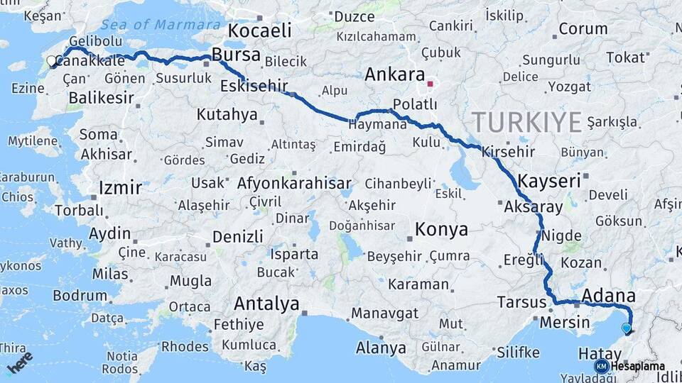 Hatay İskenderun Çanakkale Arası Kaç Km - Yol Haritası