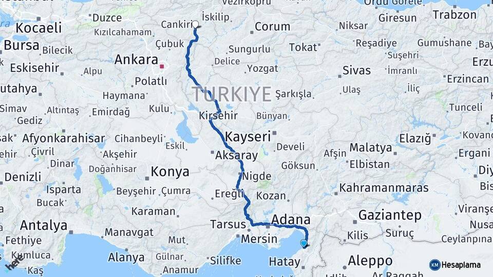 Hatay İskenderun Çankırı Arası Kaç Km - Yol Haritası
