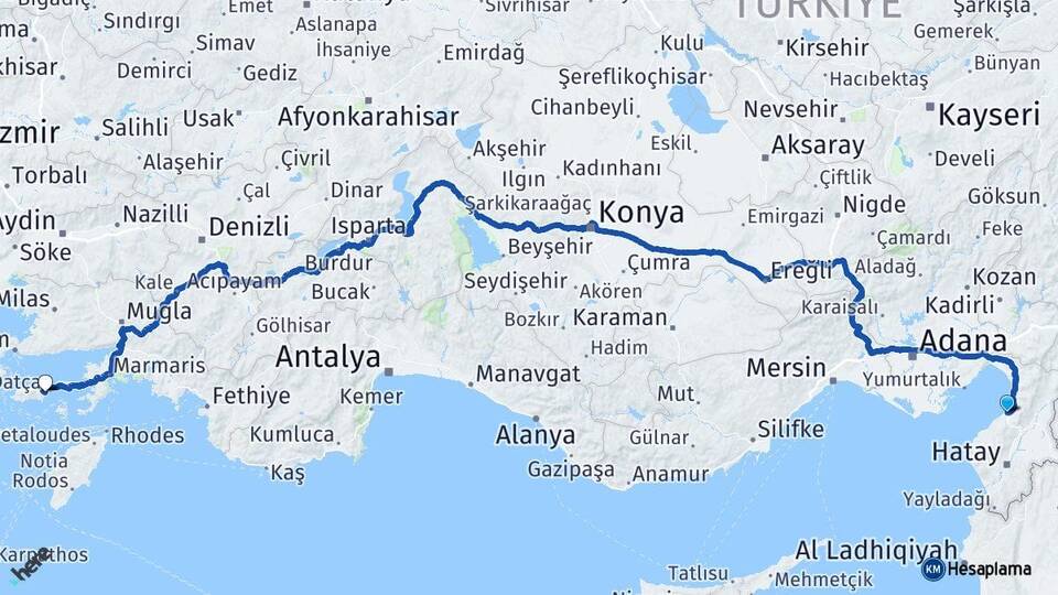 Hatay İskenderun Datça Muğla Arası Kaç Km - Yol Haritası