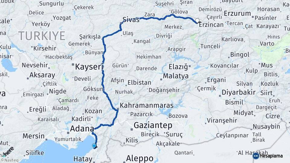 Hatay İskenderun Erzincan Arası Kaç Km - Yol Haritası