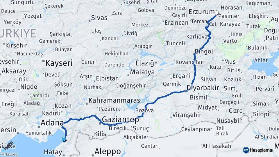 Hatay İskenderun Erzurum Arası Kaç Km - Yol Haritası