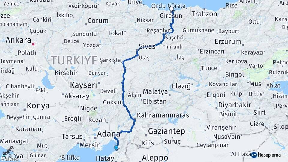 Hatay İskenderun Giresun Arası Kaç Km - Yol Haritası