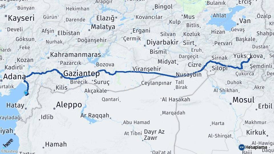 Hatay İskenderun Hakkari Arası Kaç Km - Yol Haritası
