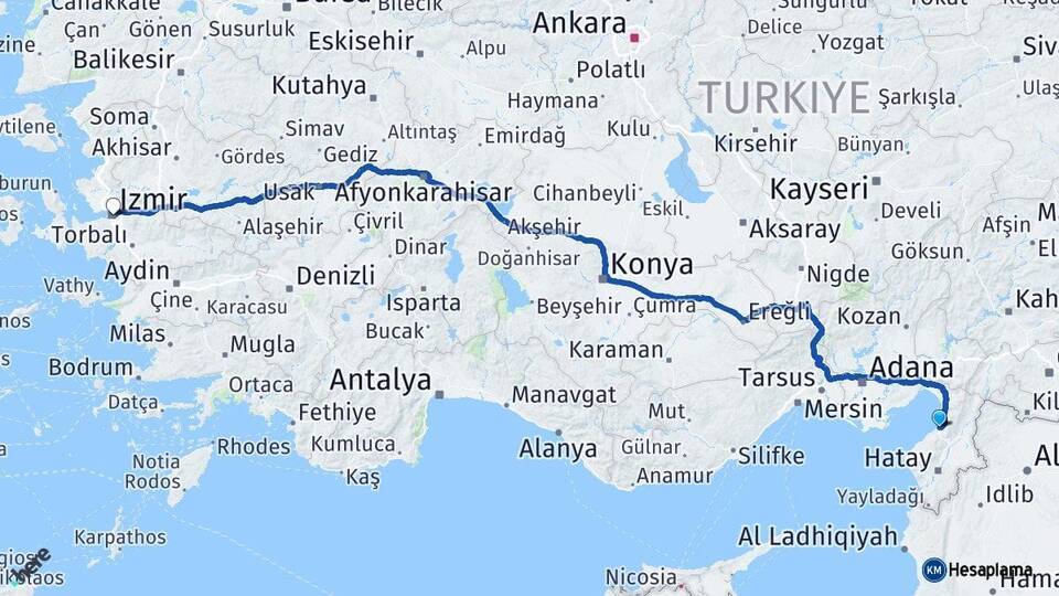 Hatay İskenderun İzmir Arası Kaç Km - Yol Haritası
