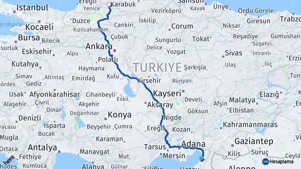 Hatay İskenderun Karabük Arası Kaç Km - Yol Haritası