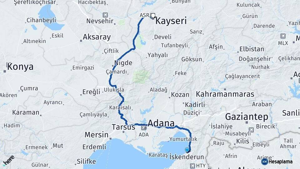 Hatay İskenderun Kayseri Arası Kaç Km - Yol Haritası