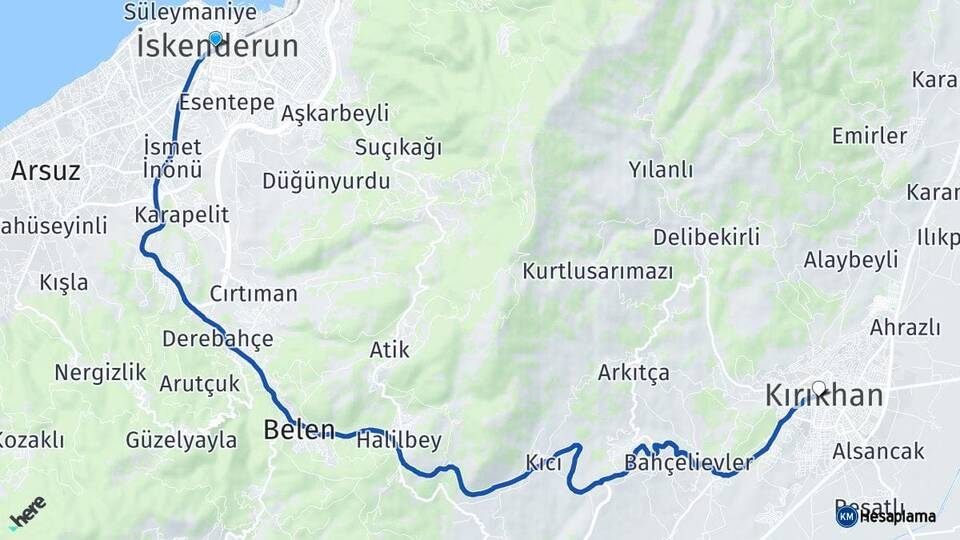 Hatay İskenderun Kırıkhan Arası Kaç Km - Yol Haritası