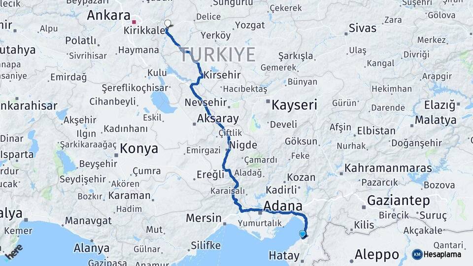 Hatay İskenderun Kırıkkale Arası Kaç Km - Yol Haritası