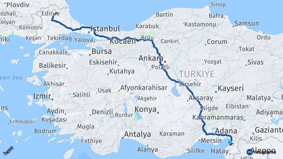 Hatay İskenderun Kırklareli Arası Kaç Km - Yol Haritası