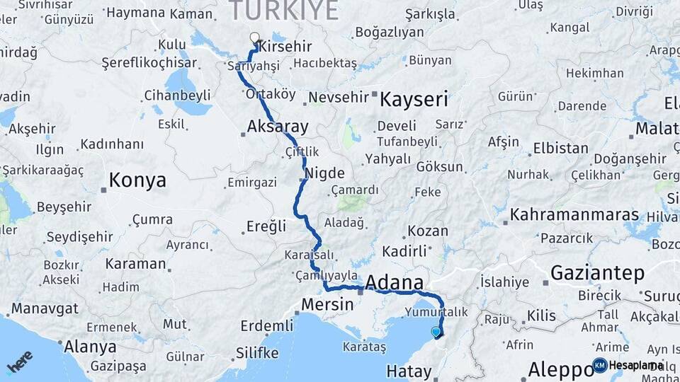 Hatay İskenderun Kırşehir Arası Kaç Km - Yol Haritası