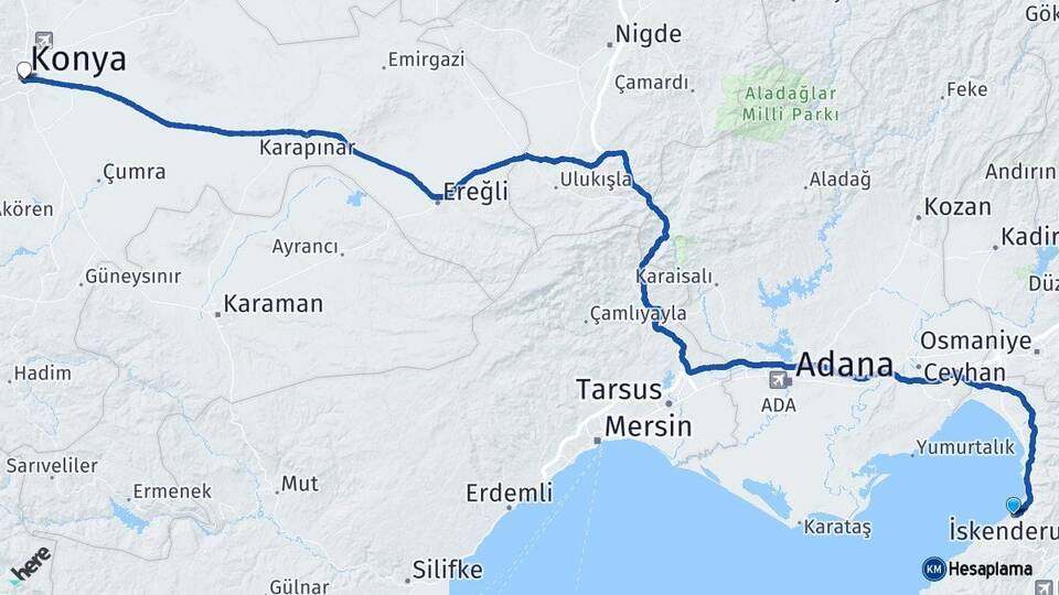 Hatay İskenderun Konya Arası Kaç Km - Yol Haritası