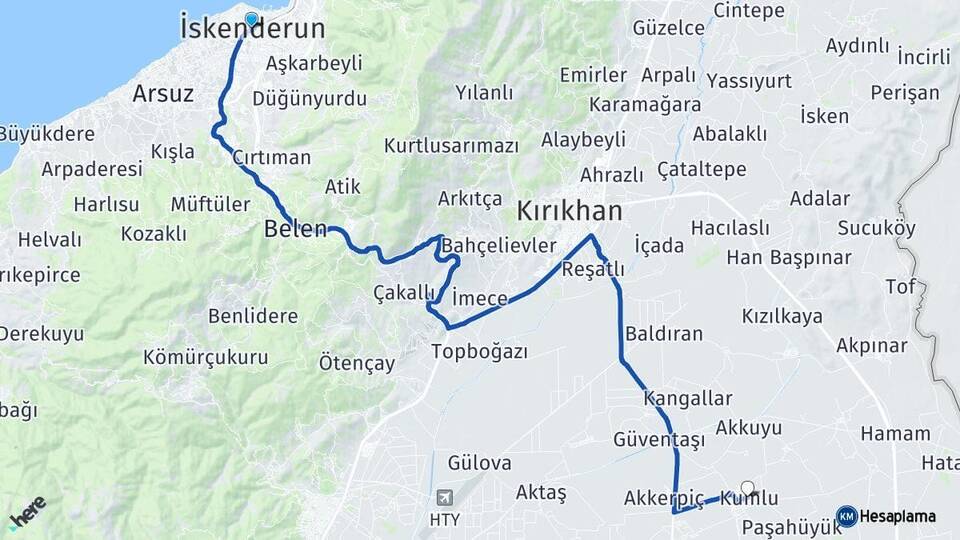 Hatay İskenderun Kumlu Arası Kaç Km - Yol Haritası