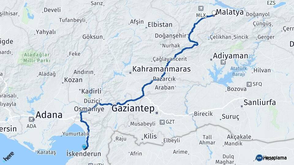 Hatay İskenderun Malatya Arası Kaç Km - Yol Haritası