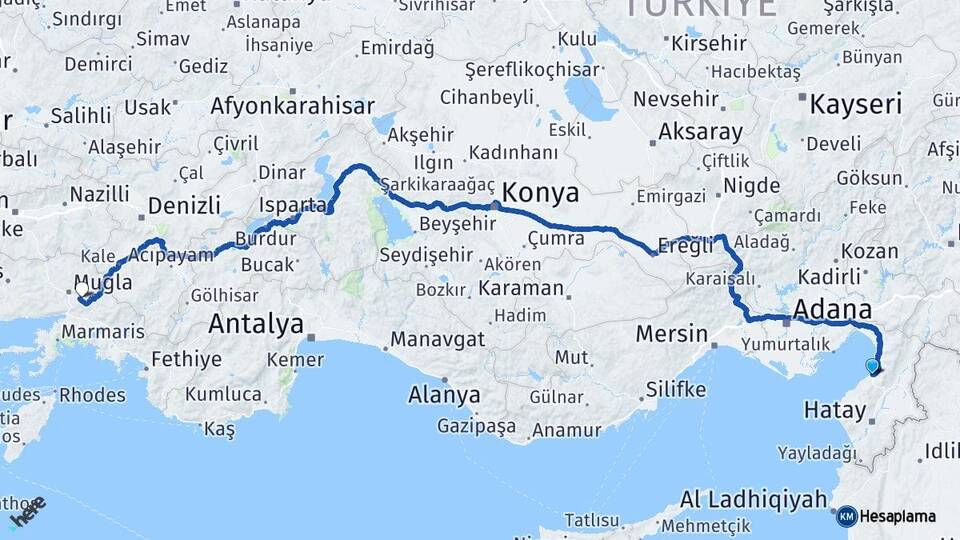 Hatay İskenderun Muğla Arası Kaç Km - Yol Haritası