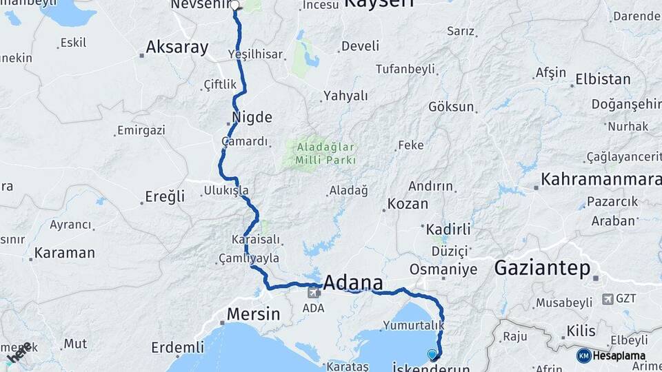 Hatay İskenderun Nevşehir Arası Kaç Km - Yol Haritası