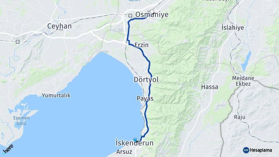 Hatay İskenderun Osmaniye Arası Kaç Km - Yol Haritası