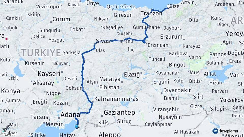 Hatay İskenderun Rize Arası Kaç Km - Yol Haritası
