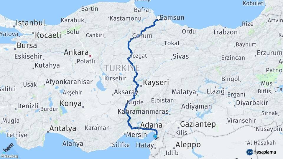 Hatay İskenderun Samsun Arası Kaç Km - Yol Haritası