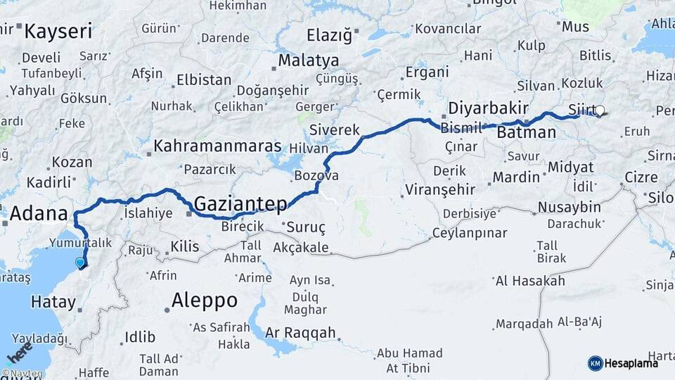 Hatay İskenderun Siirt Arası Kaç Km - Yol Haritası