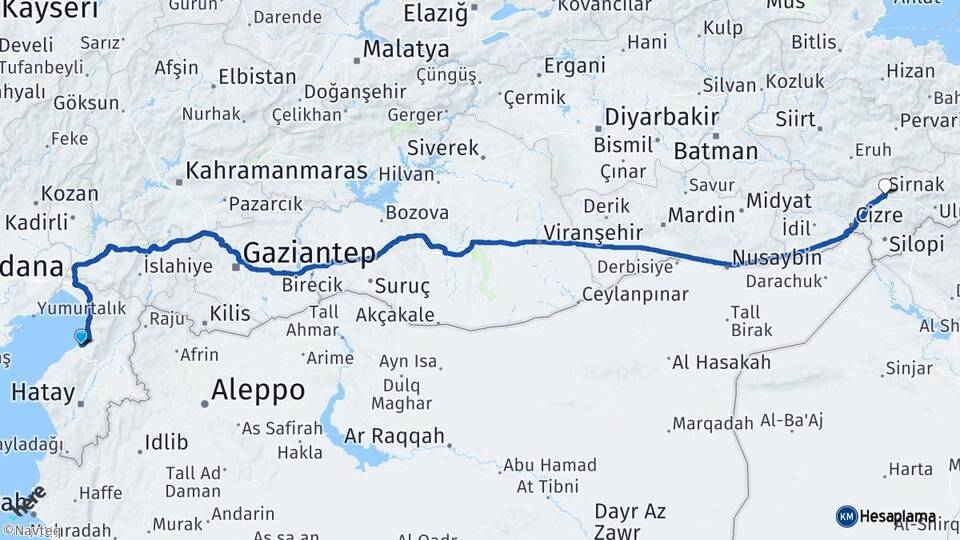 Hatay İskenderun Şırnak Arası Kaç Km - Yol Haritası