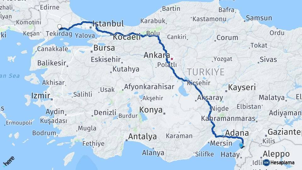Hatay İskenderun Tekirdağ Arası Kaç Km - Yol Haritası